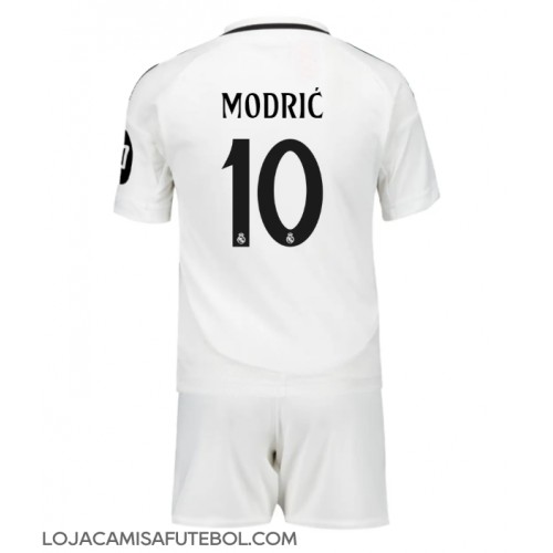 Camisa de Futebol Real Madrid Luka Modric #10 Equipamento Principal Infantil 2024-25 Manga Curta (+ Calças curtas)